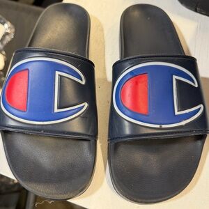 Champion Navy Slides with Blue and Red Logo